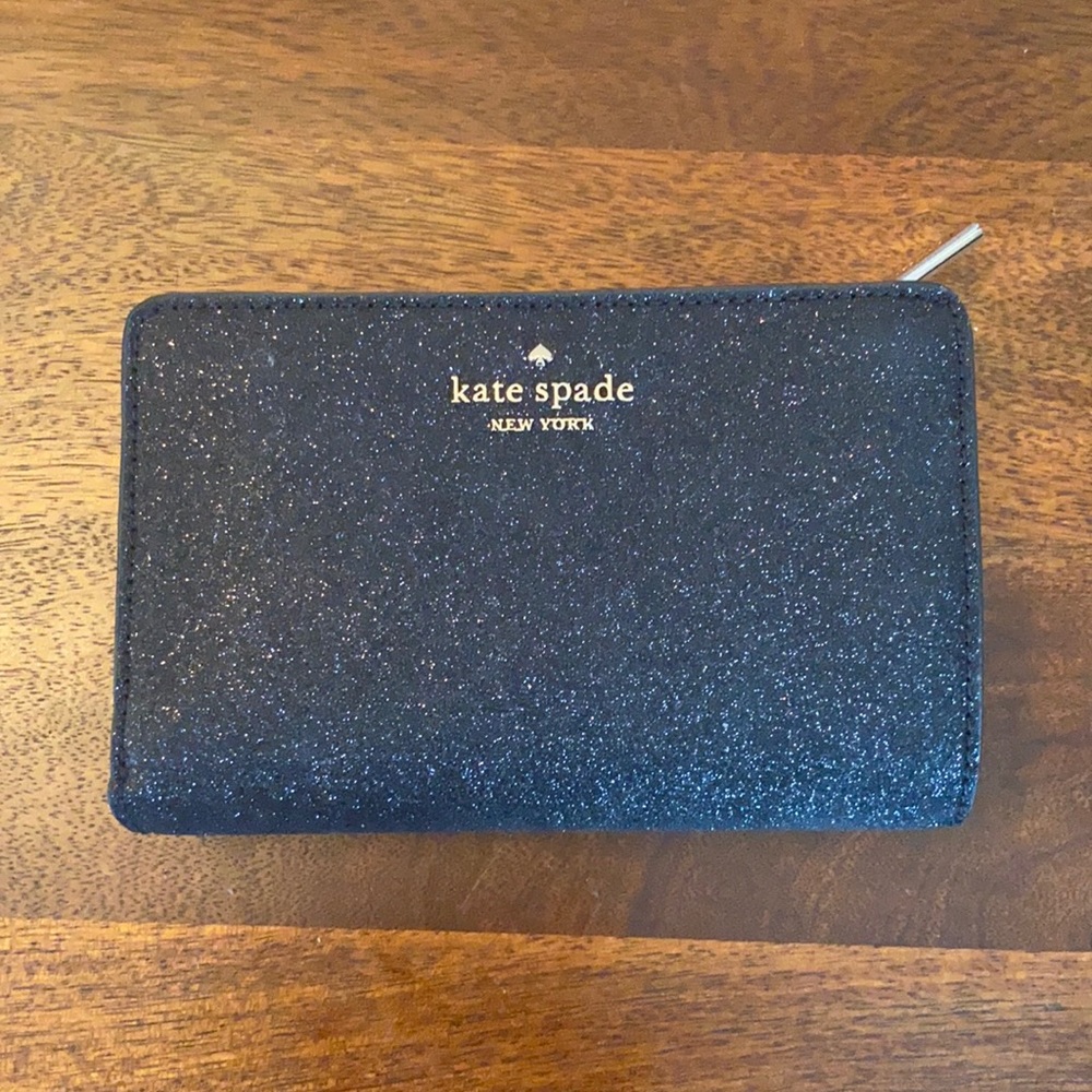 NIB- Kate Spade Lola glittery black medium bi-fold wallet